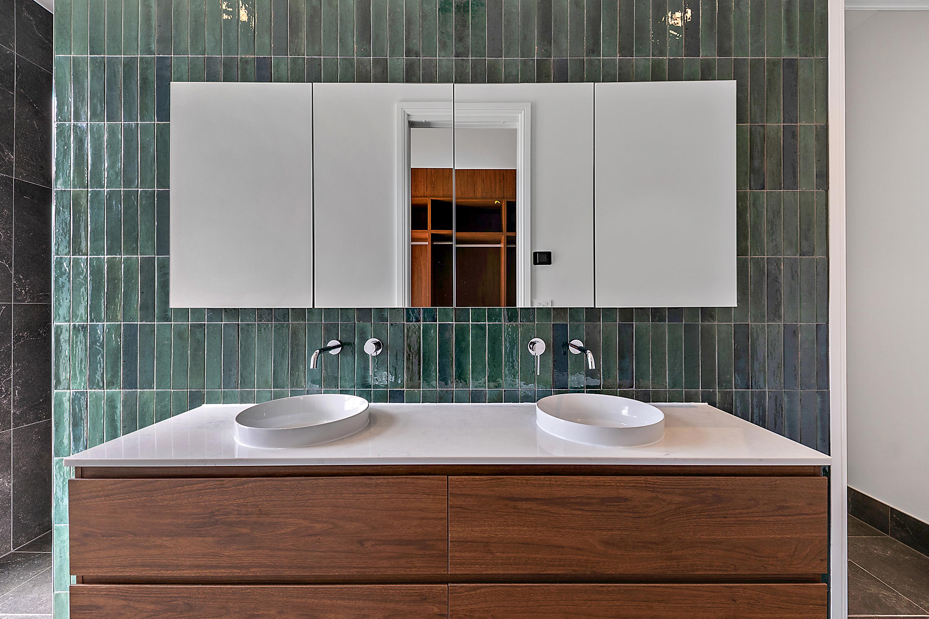 Double bathroom vanity with timber cabinetry and green tiled wall, 14 Blakelys Close Project, Sutton ACT